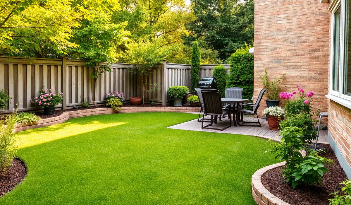Landscaped Toronto backyard with a mowed lawn, patio, and planted garden beds
